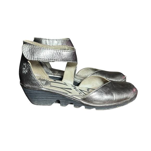Fly London Piat Sandal sz 37 US 6.5 platform Wedge heel silver metallic leather - Picture 11 of 13